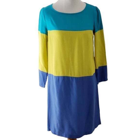 Anthropologie Maeve Colorblock Longsleeve Shift Dress Blue Chartreuse Women 0 - Picture 2 of 8